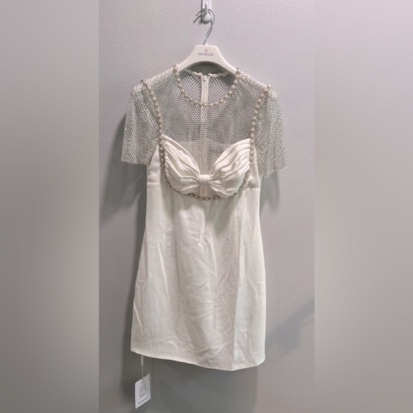 Self Portrait WHITE CREPE DIAMANTE MESH MINI DRESS - Picture 2 of 3